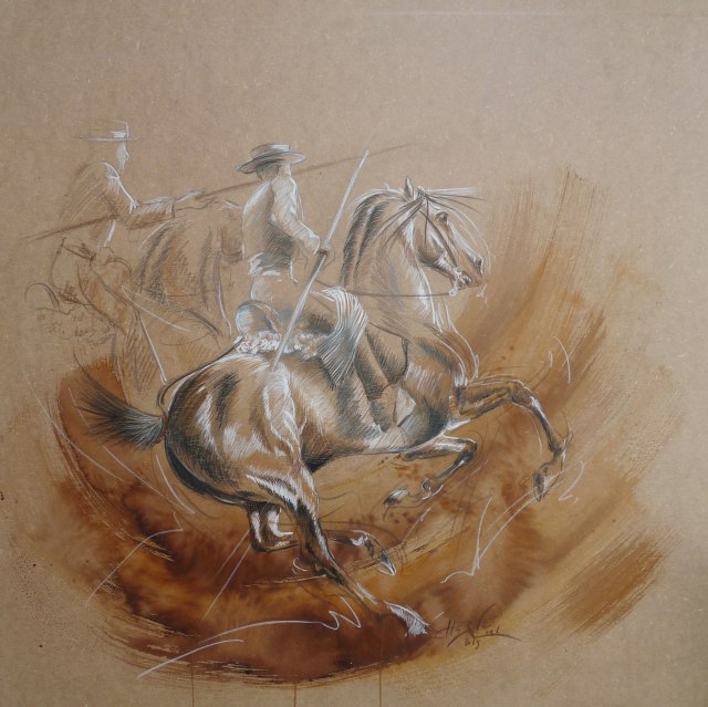 Campinos, encre, mine graphite, pastel sec sur support bois.